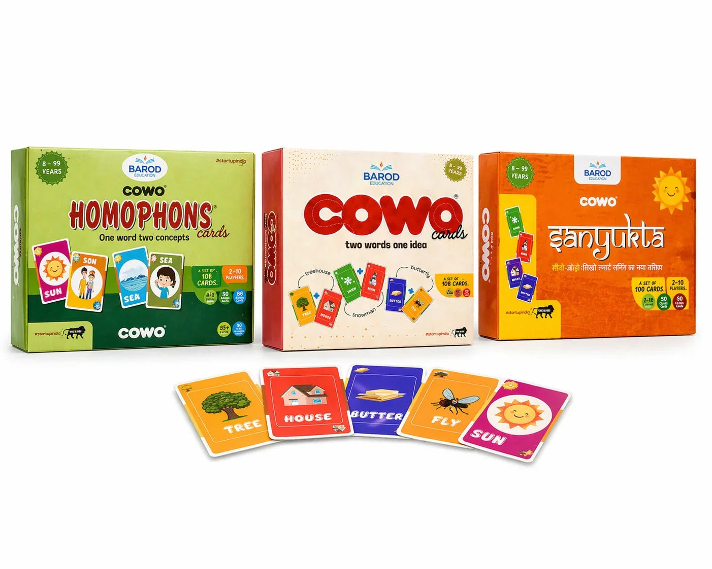 COWO educational card games for kids: Homophones, Two Words One Idea, and Sanyukta learning sets with colorful vocabulary cards