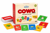 COWO educational card game with colorful word cards for kids, featuring tree, house, snow, butter, fly, and snowman.
