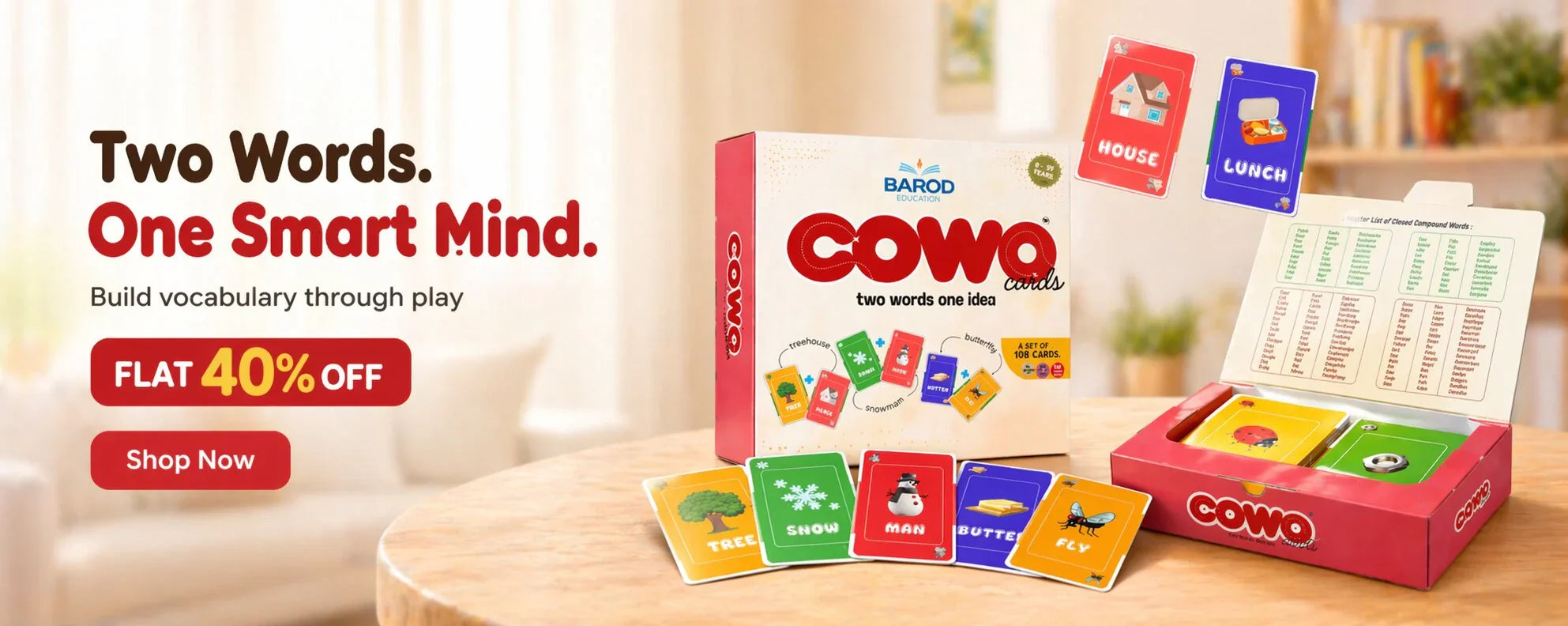 COWO educational card game for kids, build vocabulary with colorful word cards and fun compound word activities