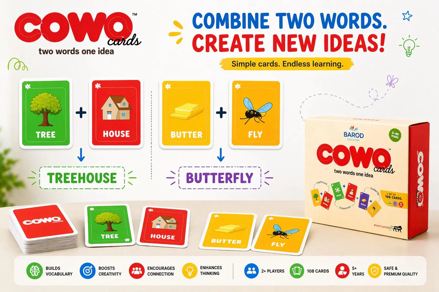 COWO Cards word game for kids, combining words like tree + house = treehouse, boosts creativity & vocabulary