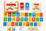 COWO educational word game cards for kids, featuring colorful vocabulary cards, rule book, and storage bag for learning through play.