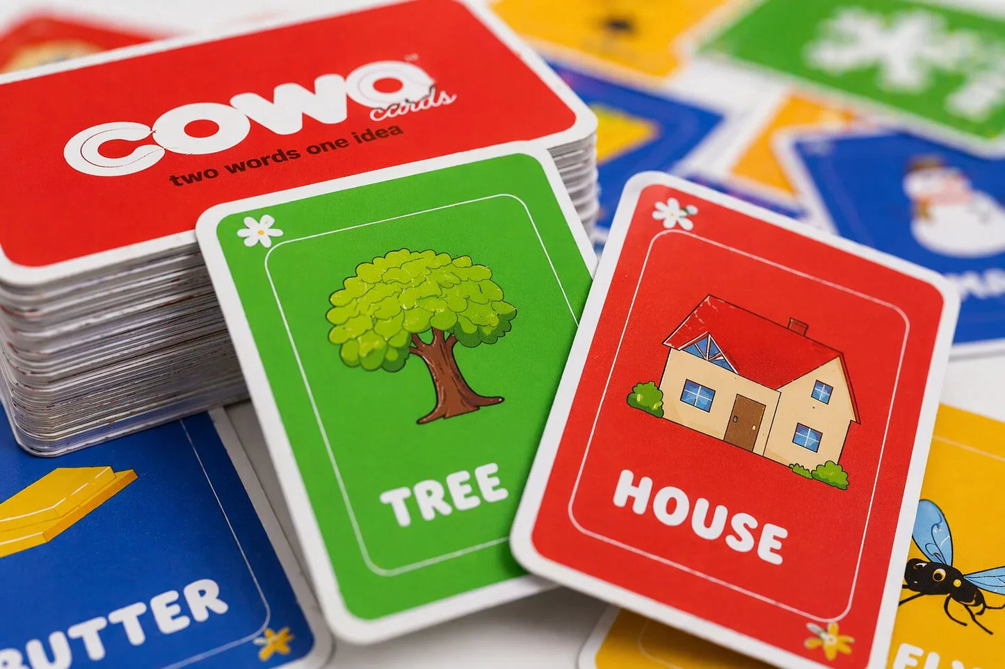 COWA Cards educational game with colorful word cards like tree and house for kids learning