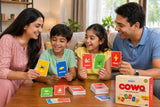 Family playing COWO educational card game with colorful word cards for kids learning vocabulary at home