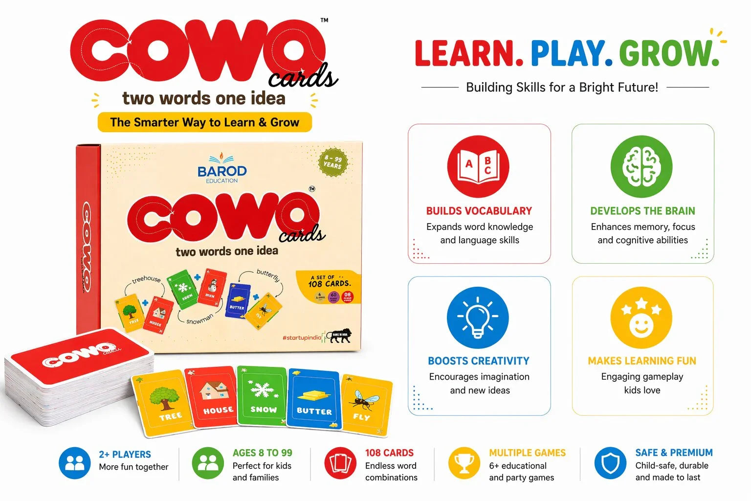 COWO Cards educational word game for kids ages 8-99, builds vocabulary, boosts creativity, and makes learning fun with 108 cards.