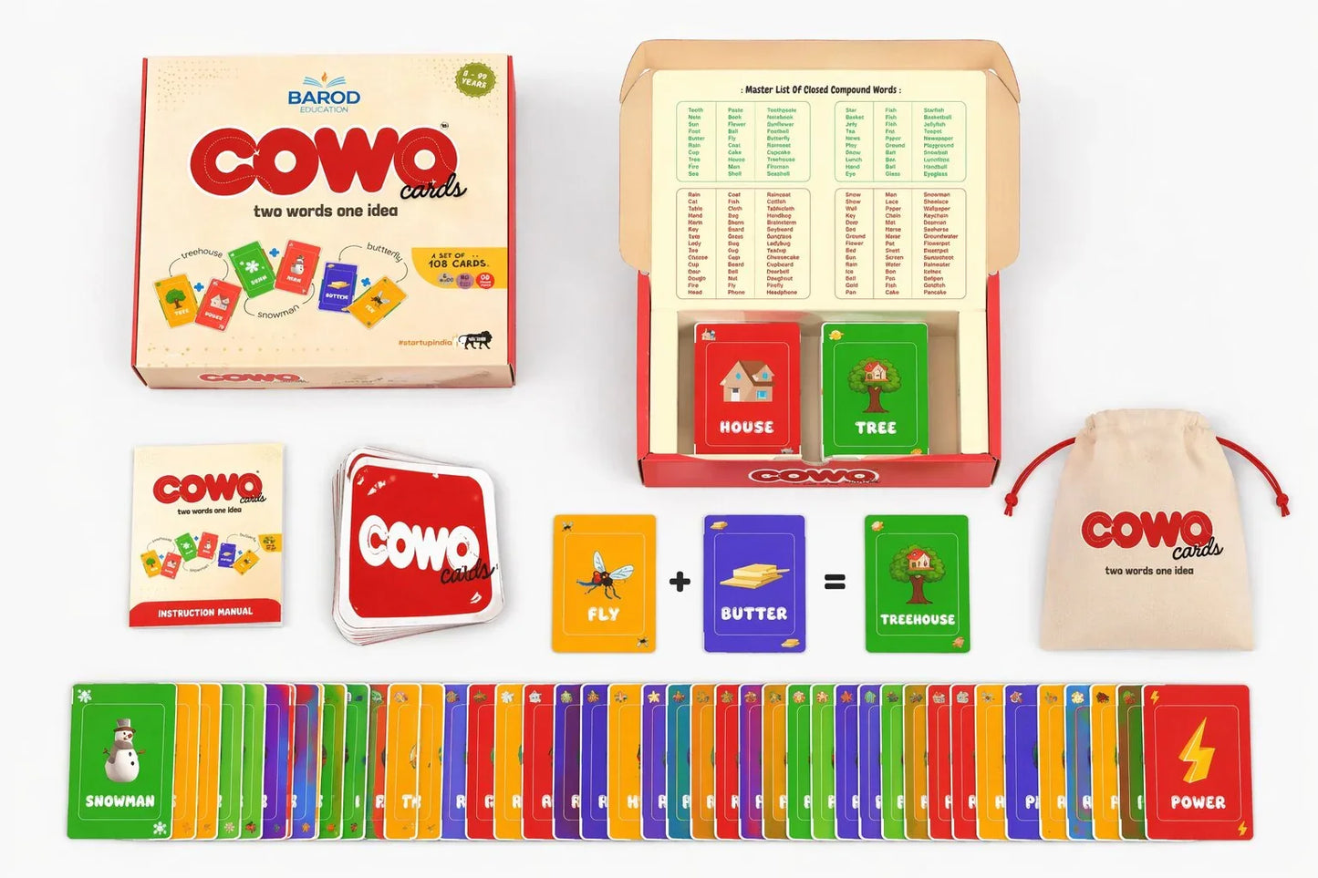 COWO educational card game for kids, teaching compound words with colorful flashcards and storage bag