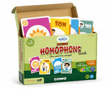 COWO Homophones educational card game for kids, 108 cards teaching words like sun/son, see/sea, ages 8+