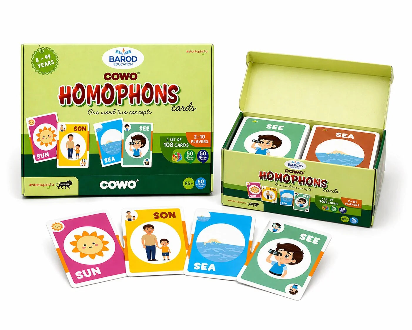 COWO Homophones educational card game for kids, teaching words like sun/son, sea/see with colorful illustrations
