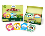 COWO Homophones educational card game for kids, teaching words like sun/son, sea/see with colorful illustrations