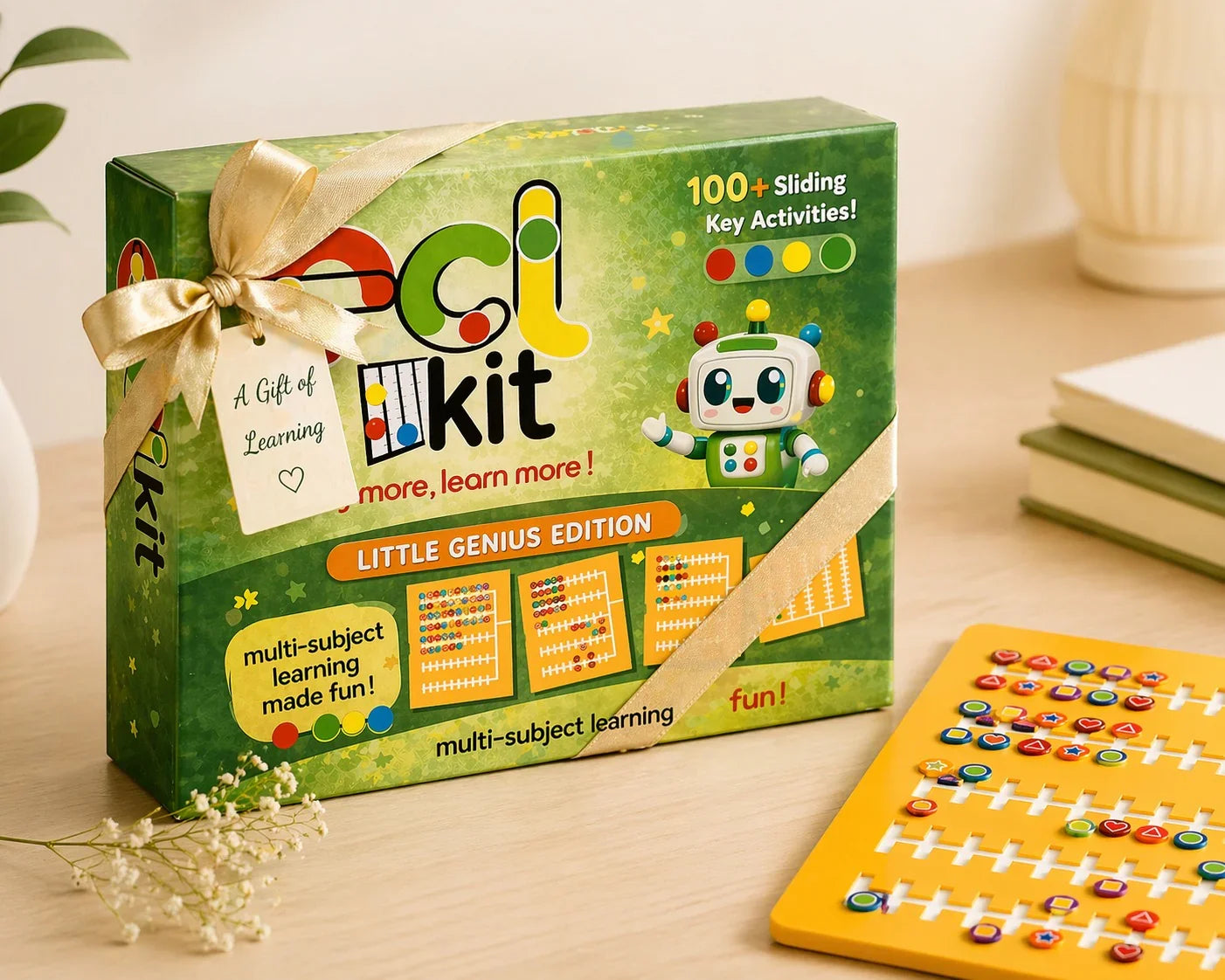Colorful educational toy kit with sliding key activities, robot design, and multi-subject learning games for kids