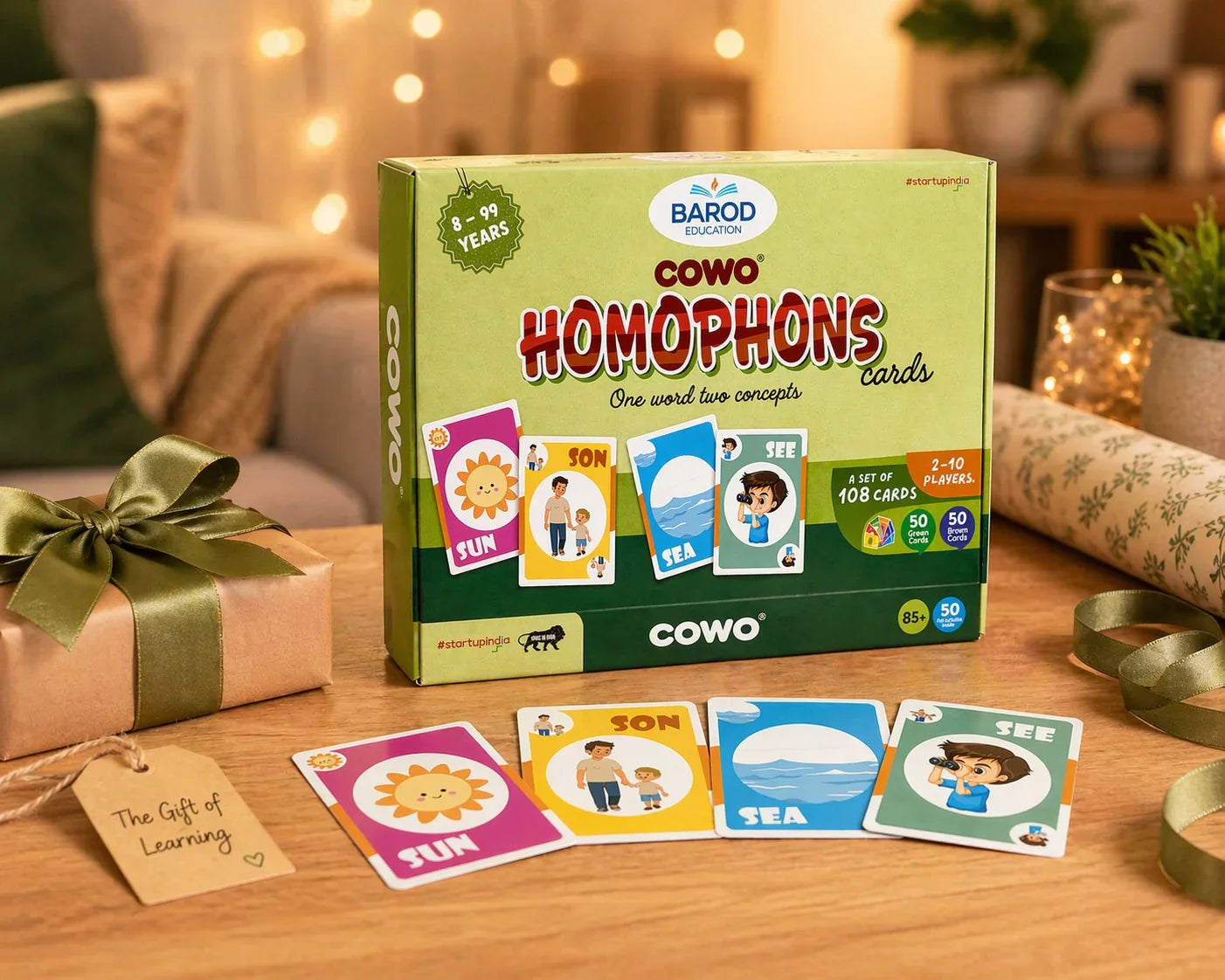 COWO Homophones educational card game for kids, featuring fun word pairs like sun/son, sea/see, perfect learning gift