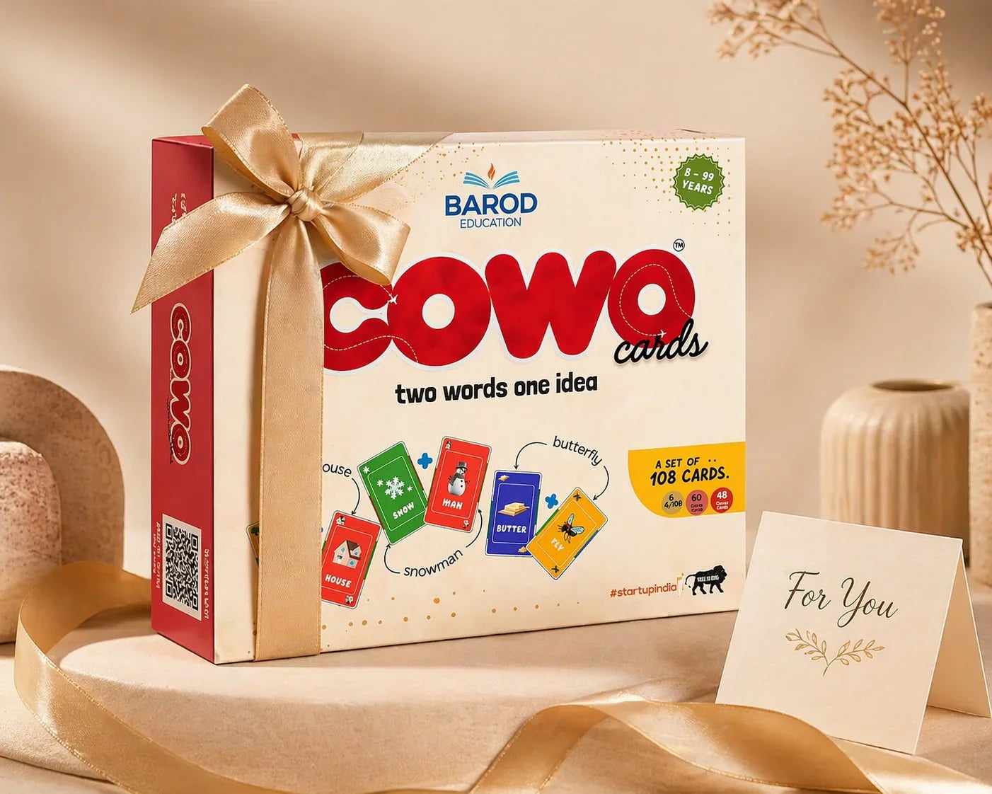 COWO Cards educational word game box with gold ribbon, 108 cards for ages 8-99, perfect gift for learning fun