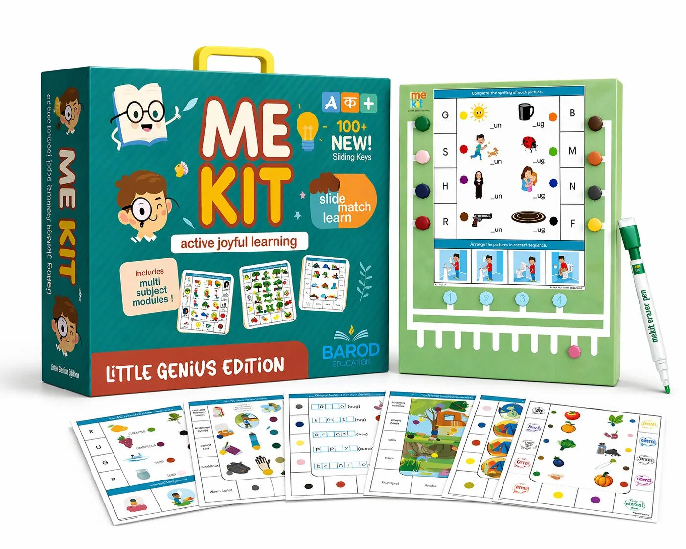 ME Kit Little Genius Edition educational learning set with sliding keys, activity cards, and eraser pen for kids