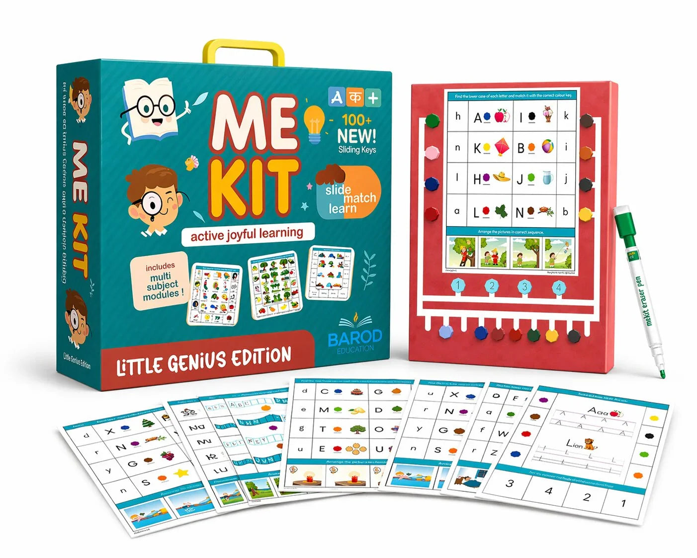 ME Kit Little Genius Edition educational learning set with sliding keys, activity cards, and eraser pen for kids