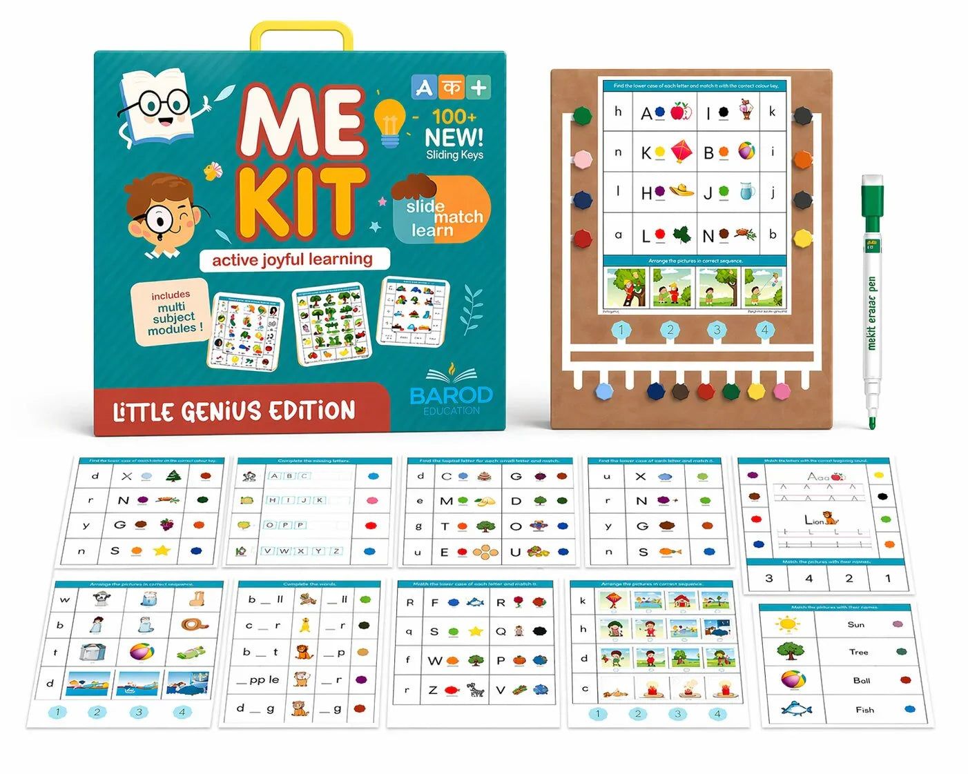 ME Kit Little Genius Edition educational game with sliding keys, activity cards, and dry erase pen for active joyful learning