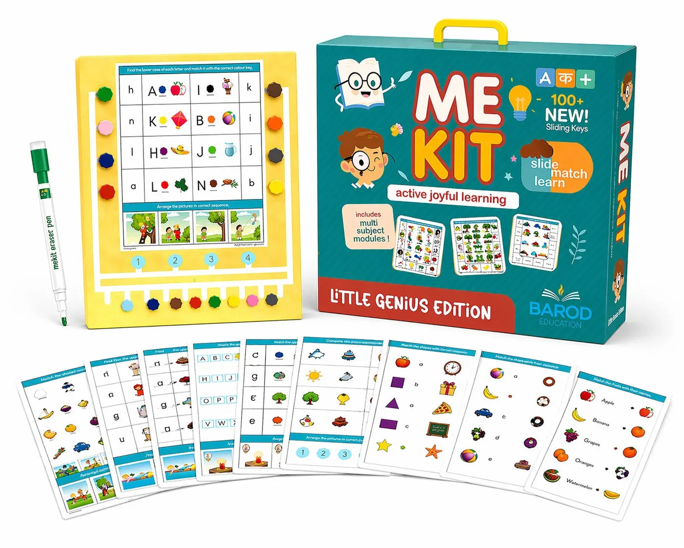 ME Kit Little Genius Edition educational learning set with sliding keys, activity cards, and eraser pen for kids