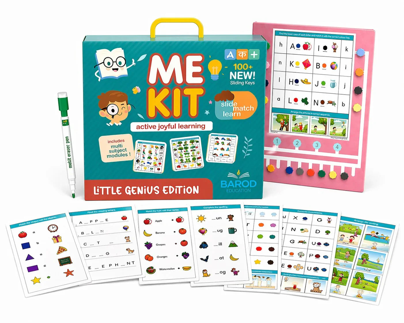 ME Kit Little Genius Edition educational learning set with sliding keys, activity cards, and eraser pen for kids