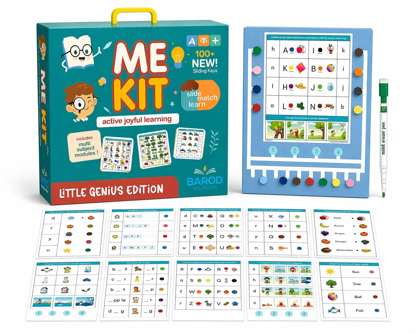 ME Kit Little Genius Edition educational learning set with sliding keys, activity cards, and eraser pen for kids