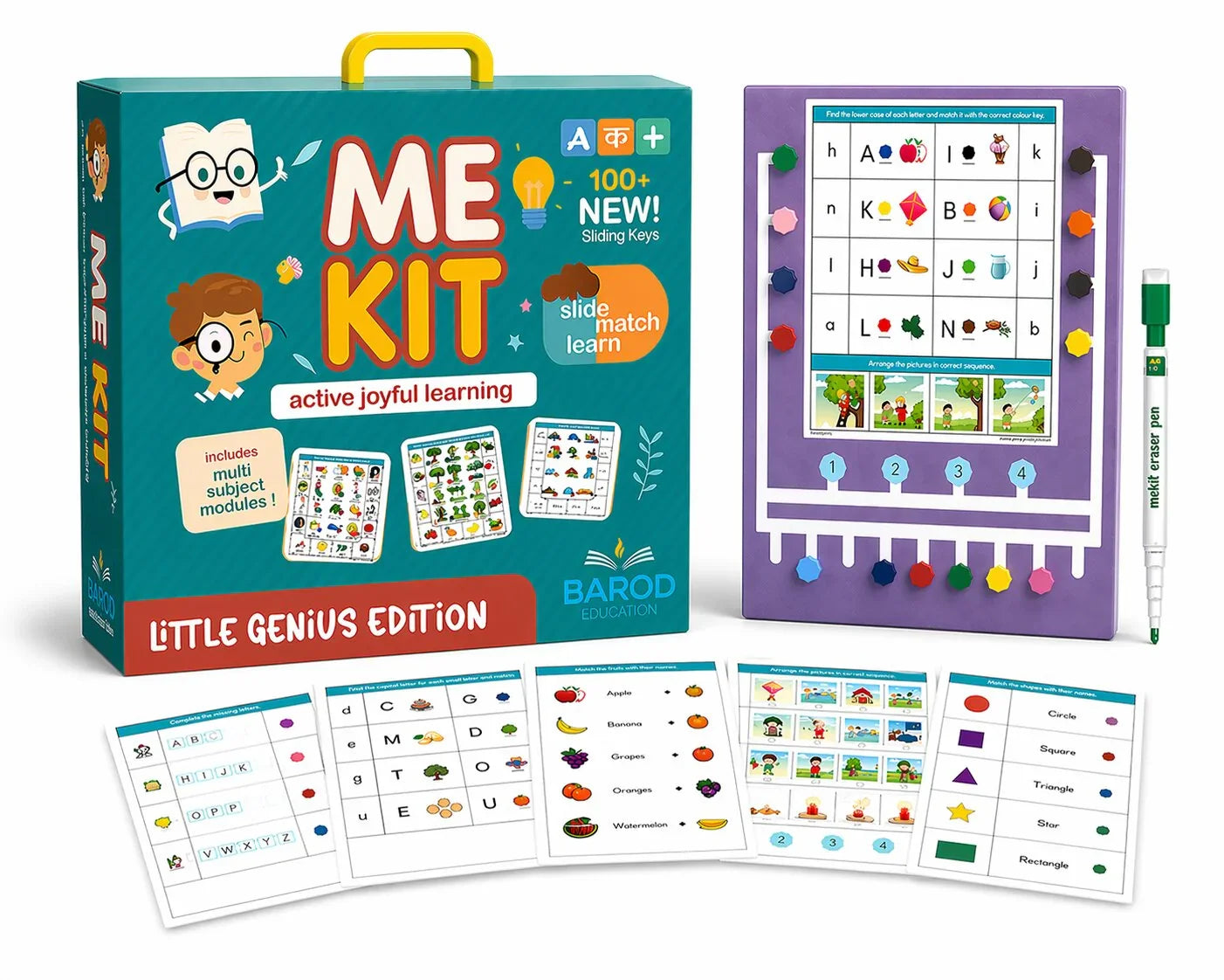ME Kit Little Genius Edition educational toy with sliding keys, activity cards, and eraser pen for active joyful learning
