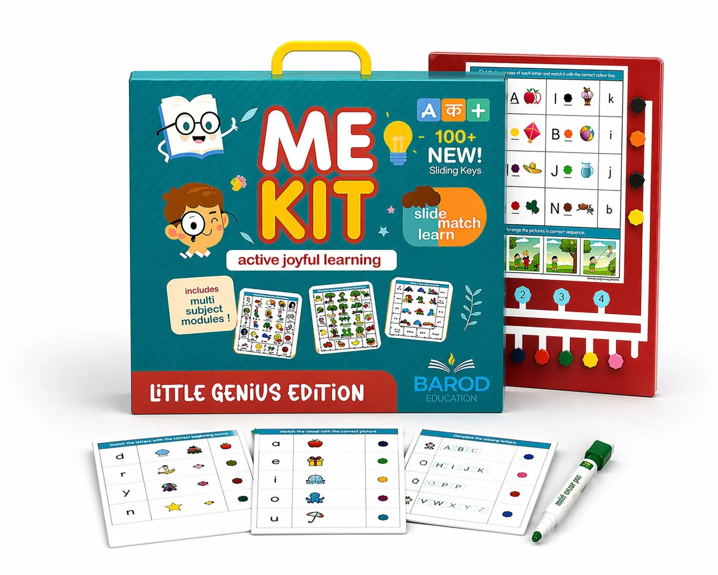 ME Kit Little Genius Edition educational toy with sliding keys, activity cards, and marker for active joyful learning