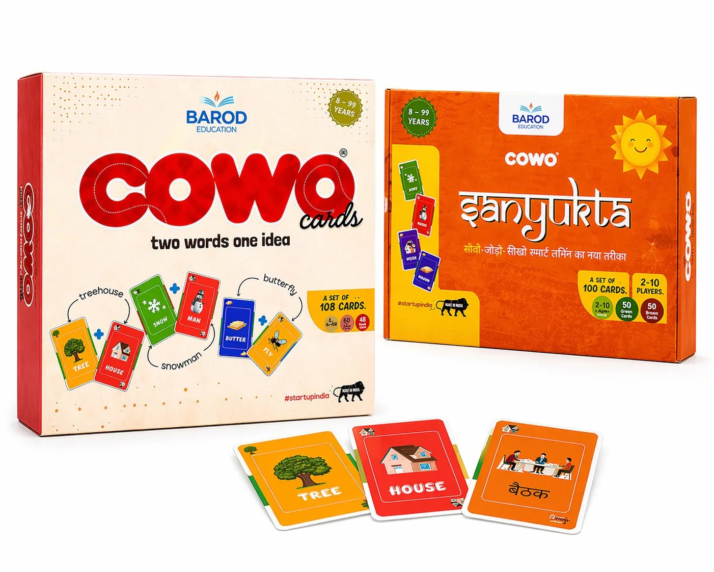 COWO educational card games for kids, featuring 'two words one idea' and Hindi vocabulary, ideal for ages 8-99.